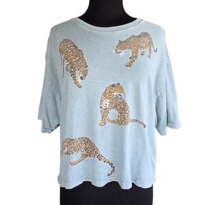 Women's Light Blue Leopard Print Short Sleeve Tee Protrend Large Cat Tee